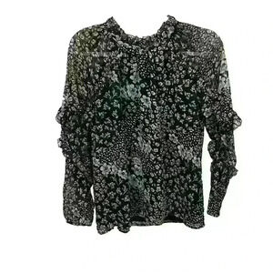 Ann Taylor LOFT Womens Med Black Floral Blouse Ruffled Neck Sheer Long Sleeves